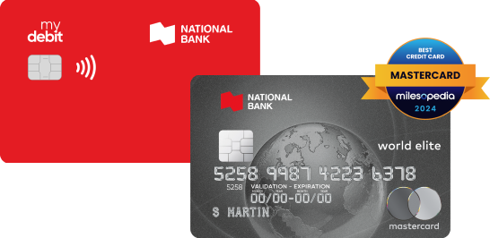 Photo of a National Bank debit card and the World Elite Mastercard credit card 
