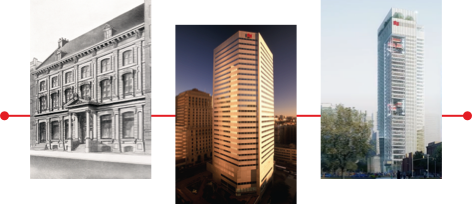 Photos representing the National Bank head office in 1924, in 1983 and in 2023