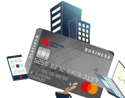 Photo of the National Bank Platinum Business Mastercard credit card with illustrations of rewards around it