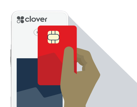 Illustration of a hand holding a debit card over a Clover payment terminal