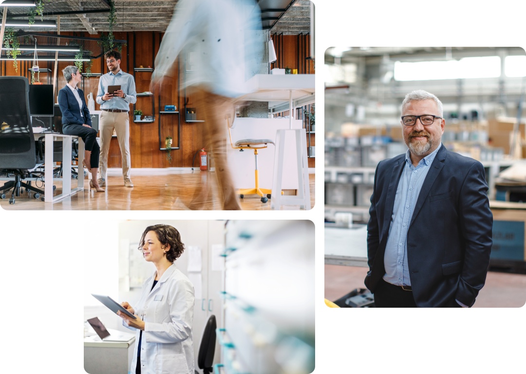 Collage of three photos, one showing two people speaking in an office, another of a businessman and a third of a doctor 