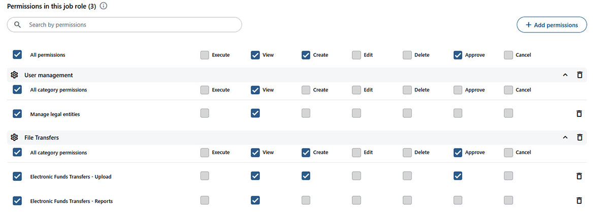 Screenshot showing available rights and permissions 