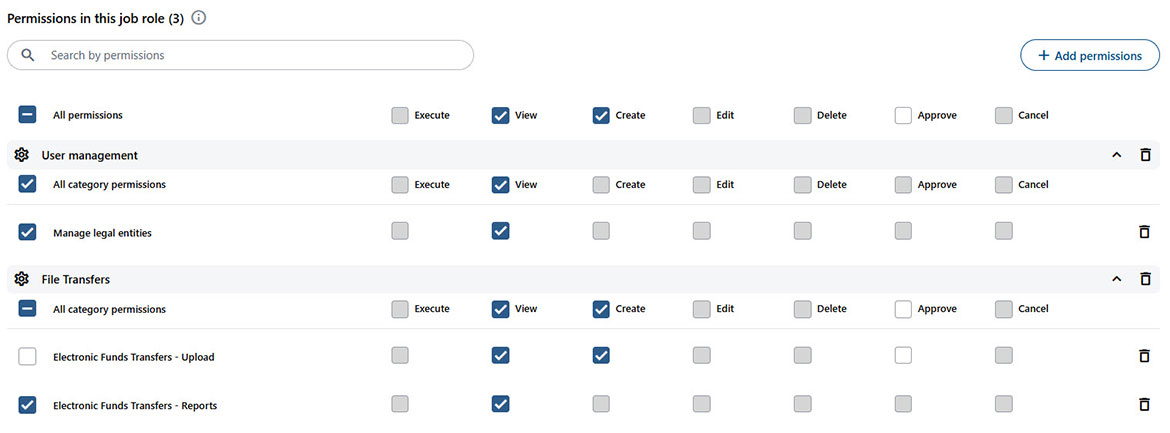 Screenshot showing available rights and permissions