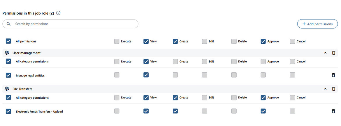 Screenshot showing available rights and permissions