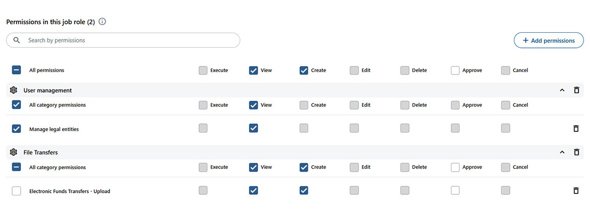 Screenshot showing available rights and permissions