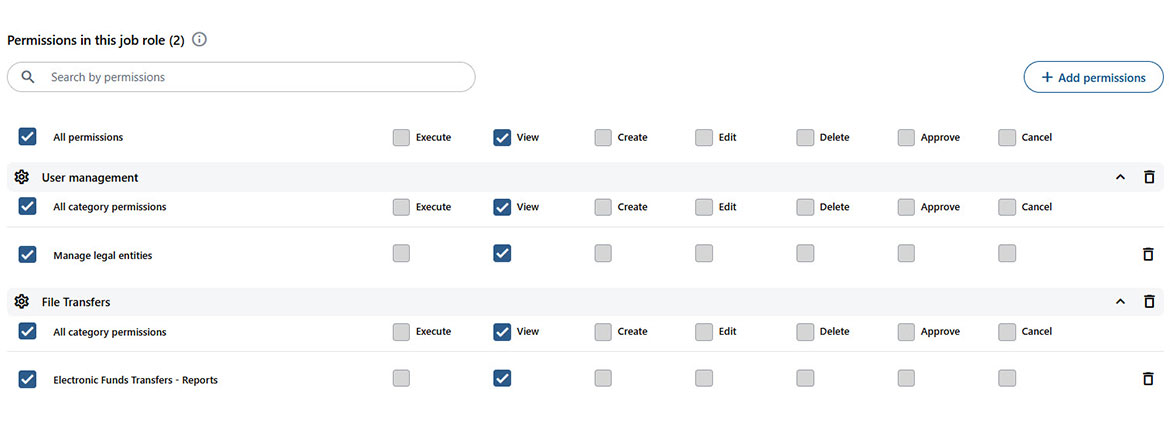 Screenshot showing available rights and permissions