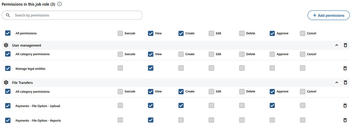 Screenshot showing available rights and permissions