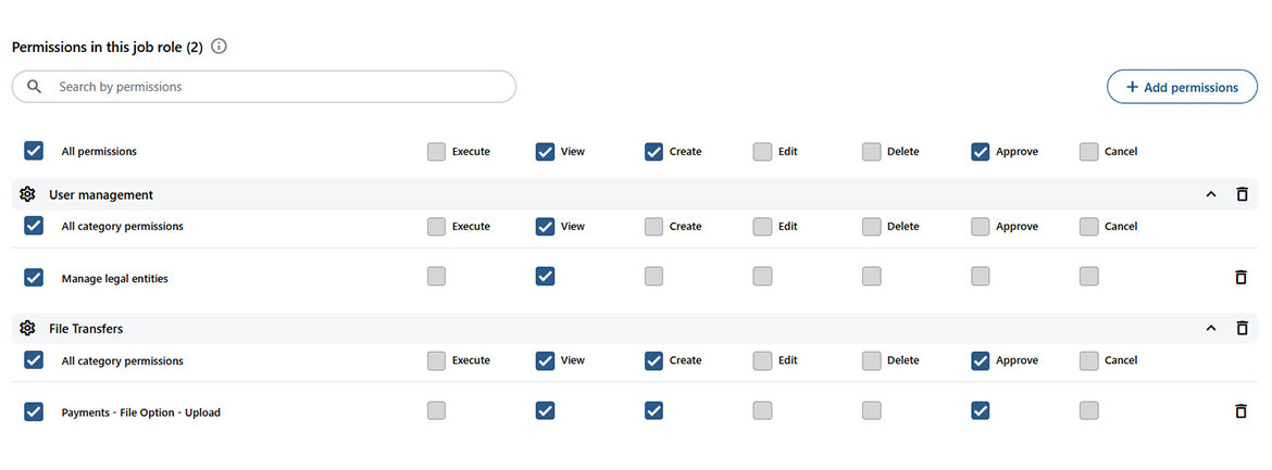 Screenshot showing available rights and permissions