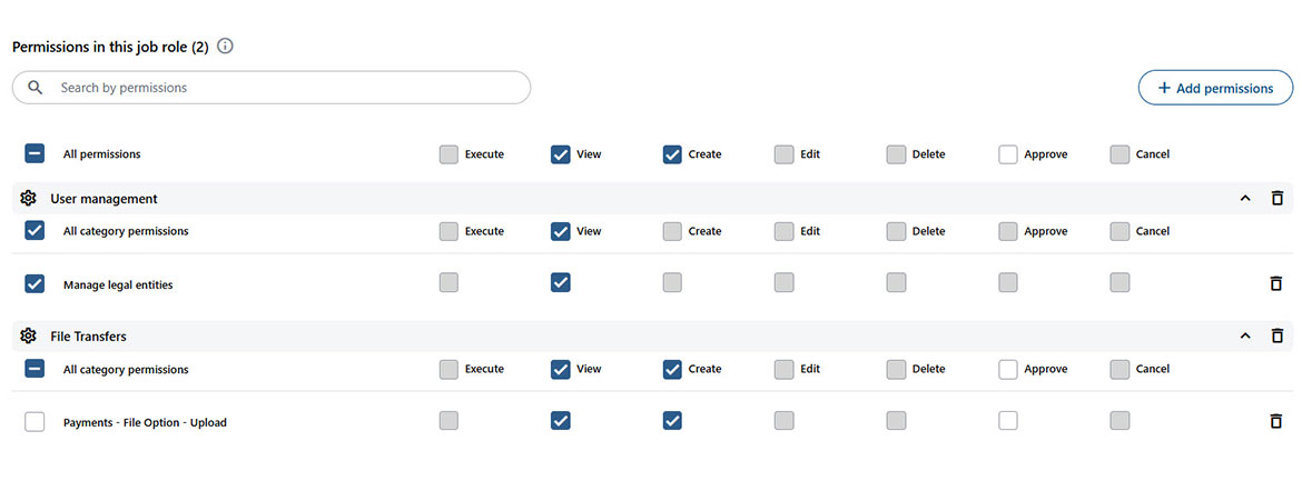 Screenshot showing available rights and permissions