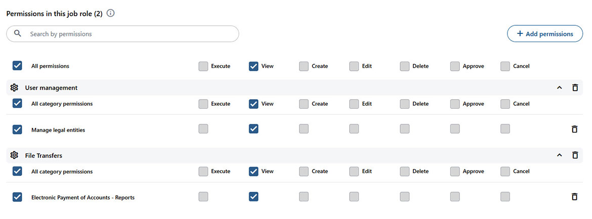 Screenshot showing available rights and permissions