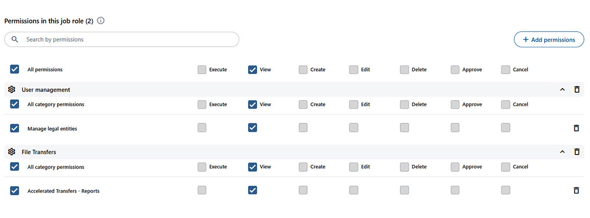 Screenshot showing available rights and permissions