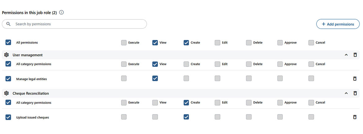 Screenshot showing available rights and permissions