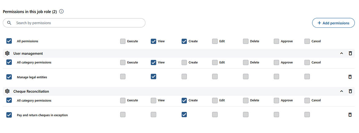 Screenshot showing available rights and permissions