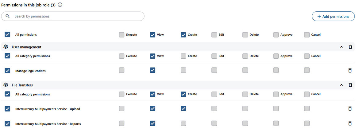 Screenshot showing available rights and permissions