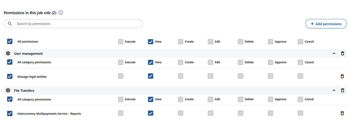 Screenshot showing available rights and permissions