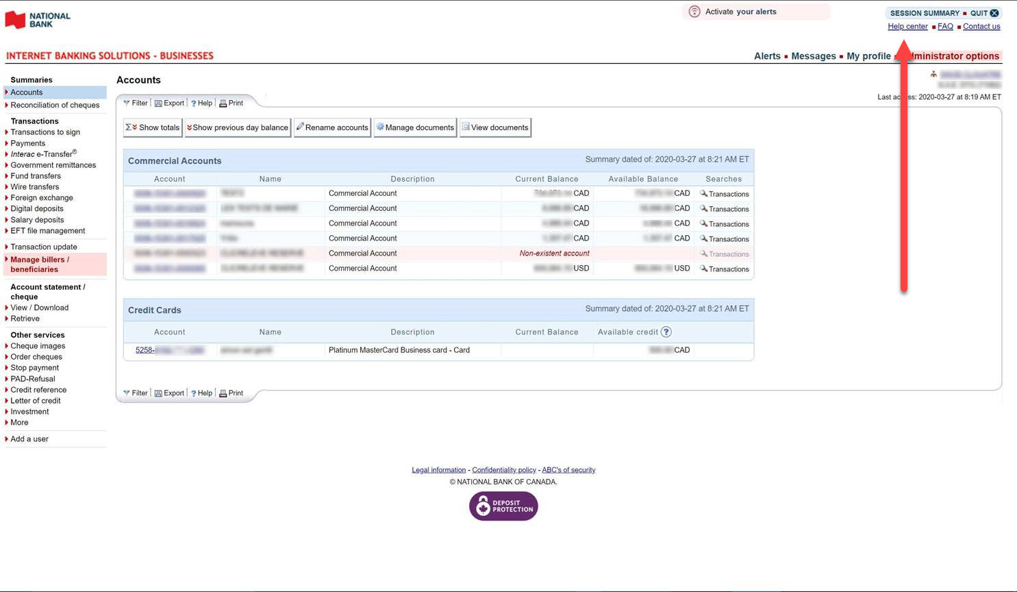 Internet banking screenshot
