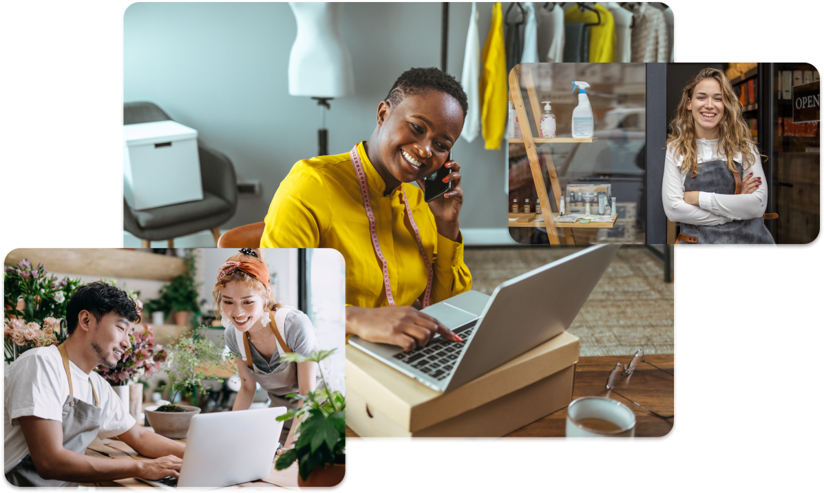 Collage of three photos of entrepreneurs at work