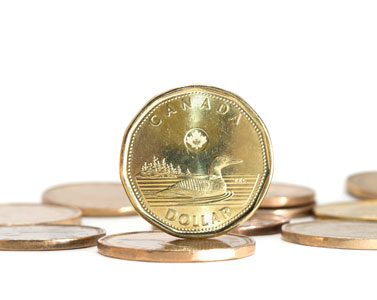 One Canadian dollar coin stack on white background