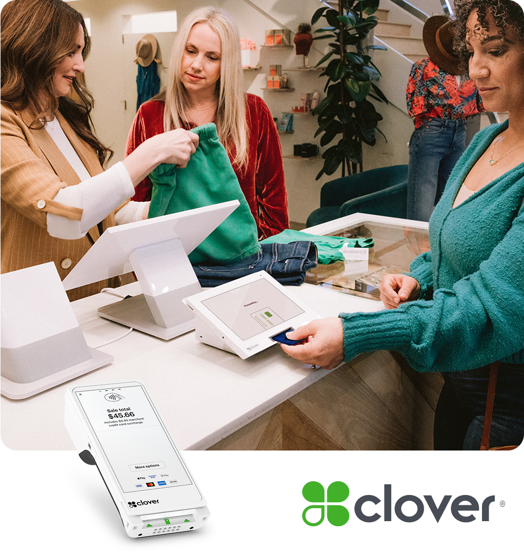 Photo of a payment terminal with the Clover logo