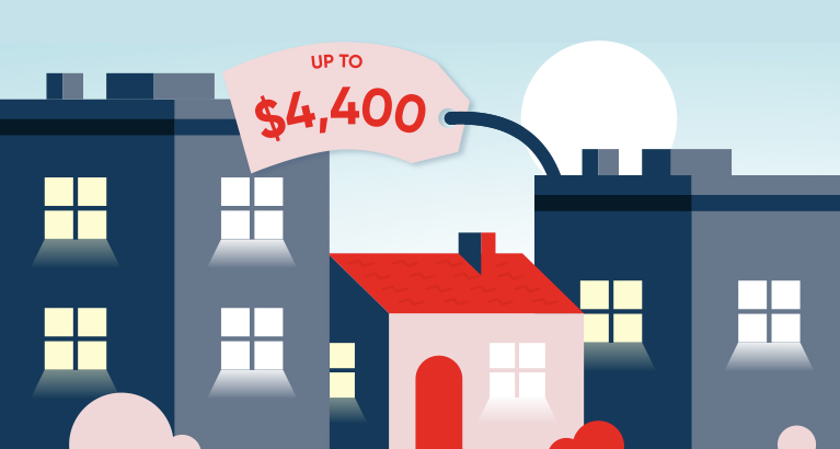 Illustration of a house between two apartment buildings with a price tag that says up to $4,400