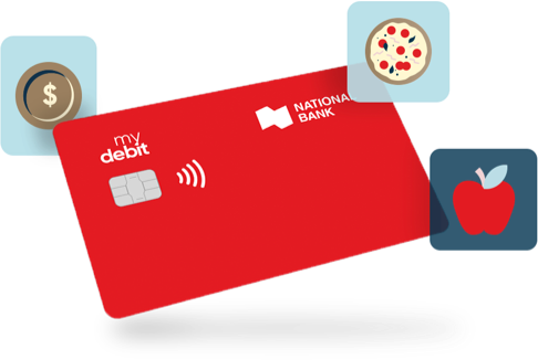 Drawing of a debit card surrounded by a coin, an apple and a slice of pizza pictogram. 