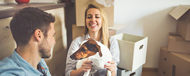 Young couple and their dog surrounded by boxes talks and smiles