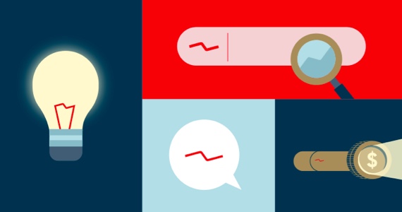 Drawing of a light bulb, search bar, speech bubble, and flashlight with the National Bank logo
