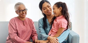 Grand-mother, mother and daughter sitting on a sofa