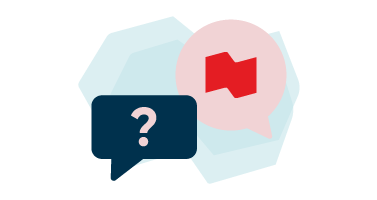 Illustration of two text bubbles, one has a question mark inside it, the other has the National Bank logo 