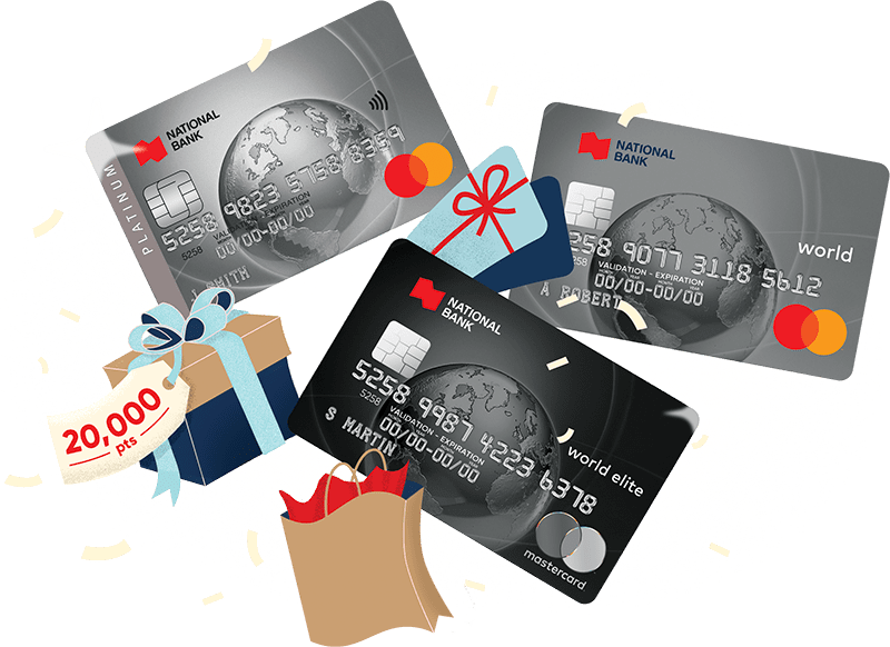 Illustration of three National Bank Mastercard credit cards and gifts representing 20,000 points 