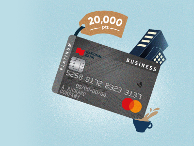  Illustration of the Platinum Mastercard Business credit card, an office building, a café and a sticker that has 20,000 points written on it