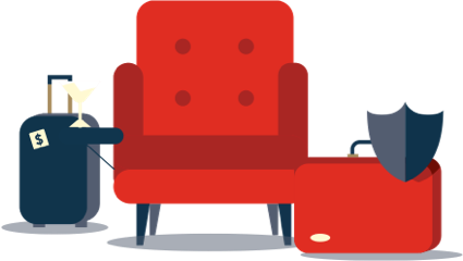 Illustration of a sofa, a martini glass, two suitcases and a shield