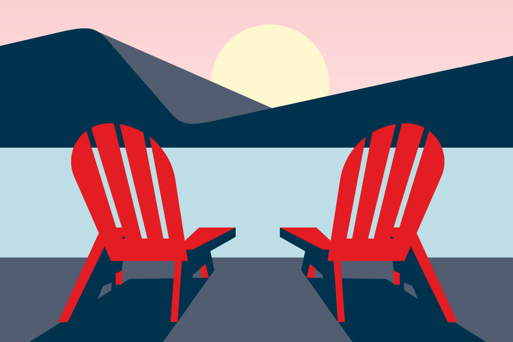 Drawing of two red chairs in front of a lake and sunset