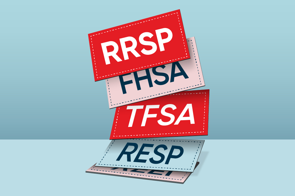 Illustration of little papers with the words RRSP, FHSA, TFSA and RESP