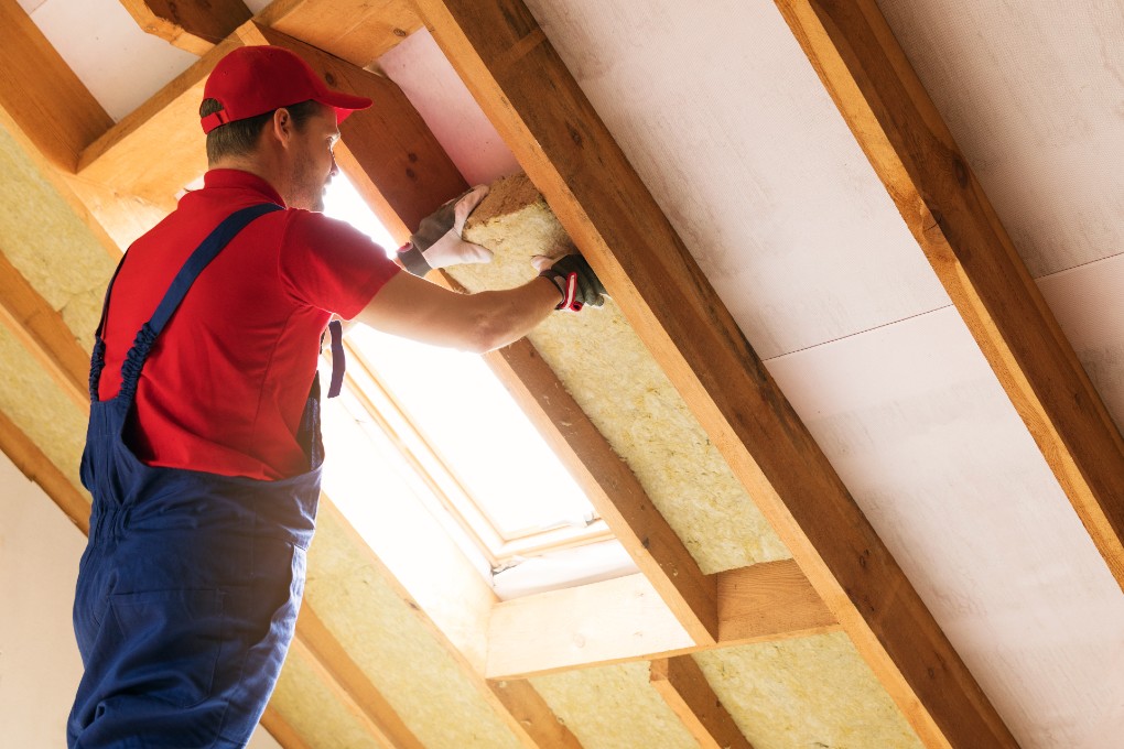 A construction worker is installing insulation in a roof.