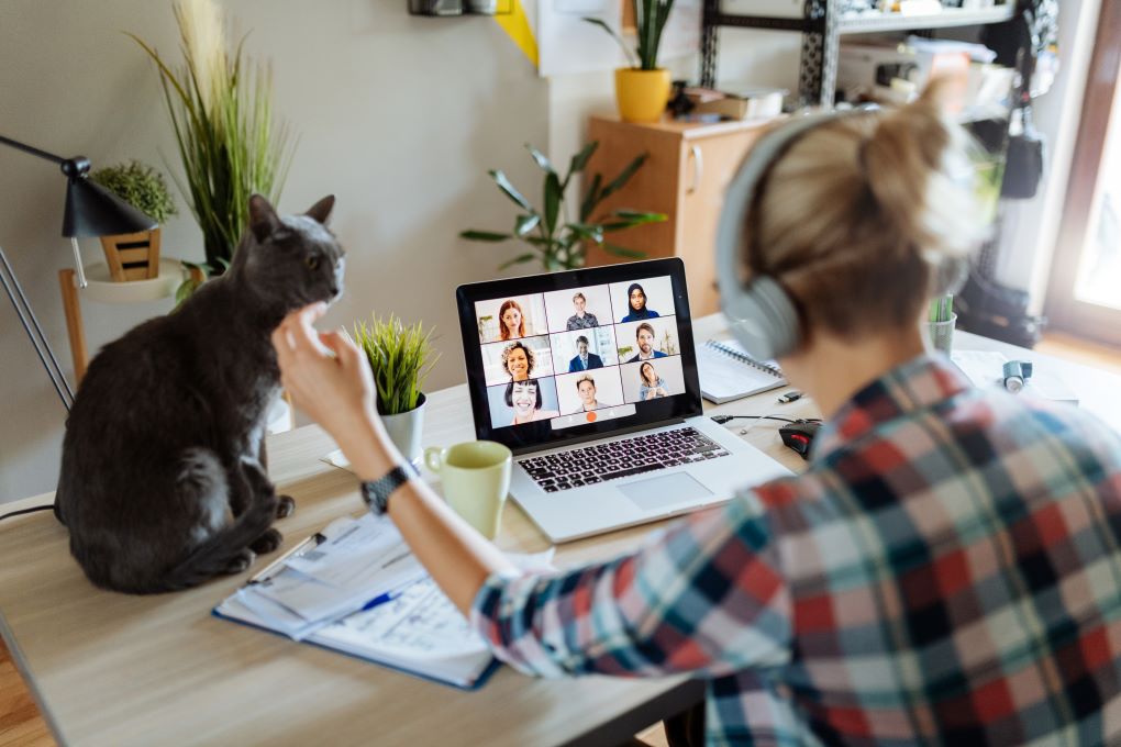 Photo of a woman in a meeting while working remotely for an article on remote work