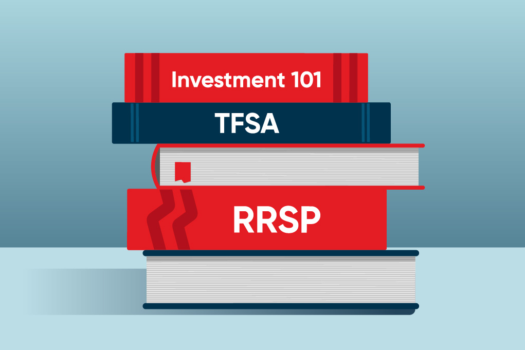 Illustration of a stack of books with titles like Investment 101, TFSA and RRSP  