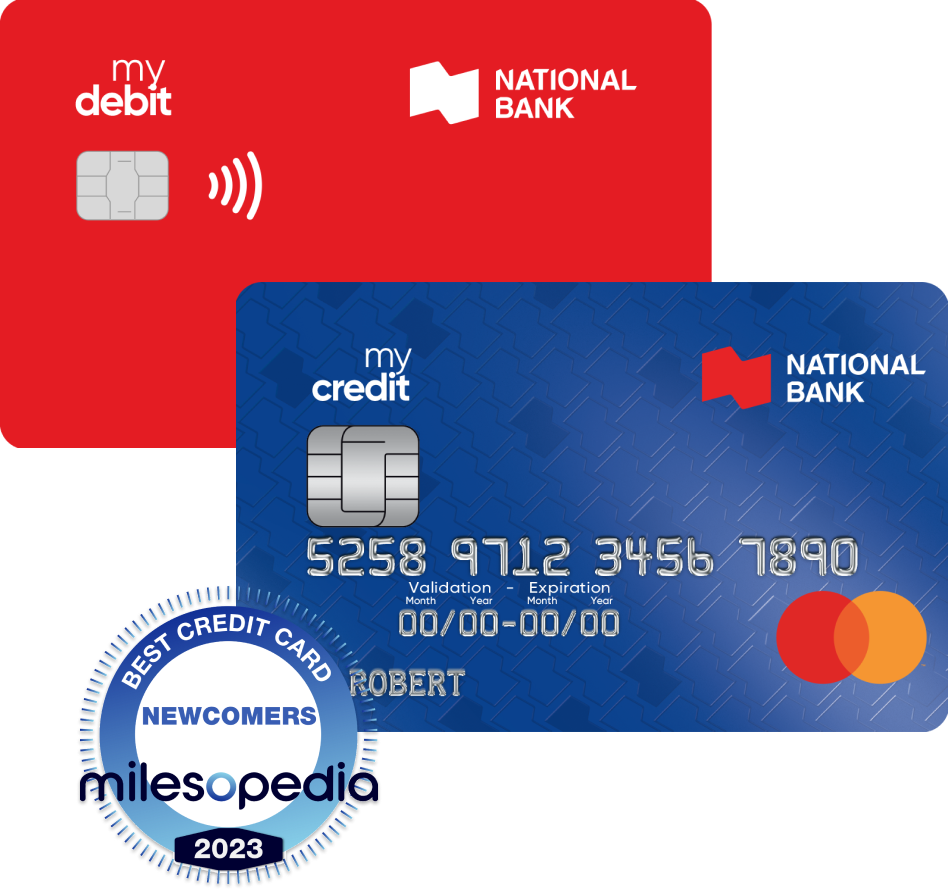 Photo of a National Bank of Canada credit card and debit card with the Milesopedia logo
