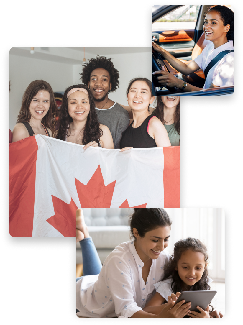 Collage of photos of someone driving a car, people holding a Canadian flag, and a parent and child 