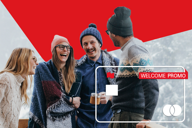 A group of friends on a winter break thanks to the Platinum Mastercard credit card with a promo banner 