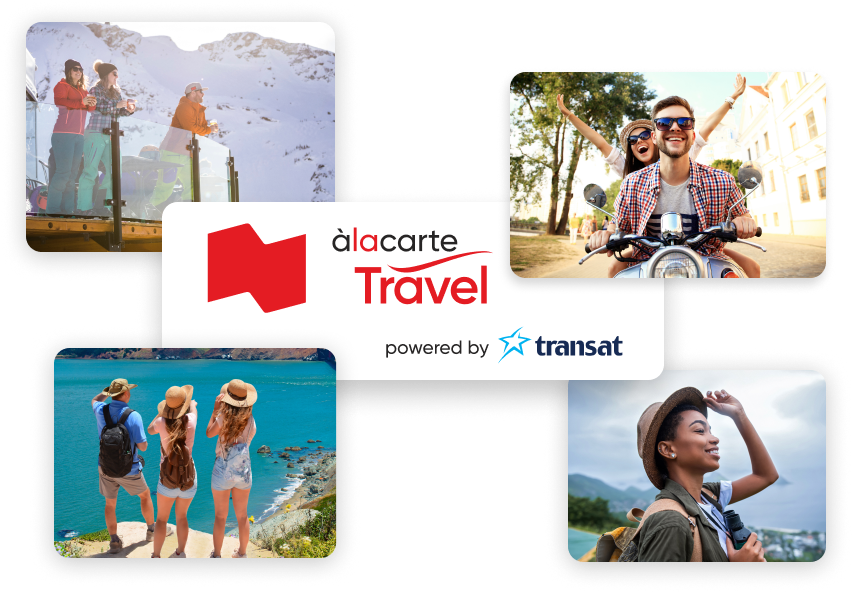 Illustration of the À la carte and National Bank logos with photos of various vacation destinations