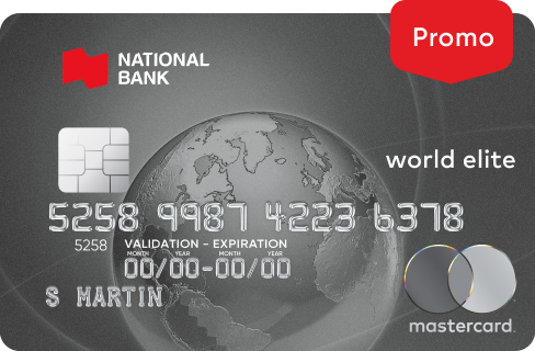 Photo of the World Elite Mastercard credit card with a promotion banner