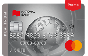 Photo of the National Bank Platinum Mastercard with a promo banner