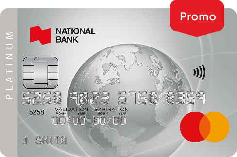 Photo of the National Bank Platinum Mastercard with a promo banner