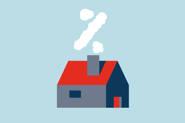 Illustration of a house with a chimney and smoke making a percent sign 