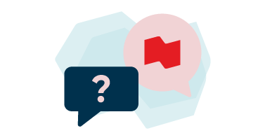 Drawing of two speech bubbles, one with a question mark and the other with the National Bank logo