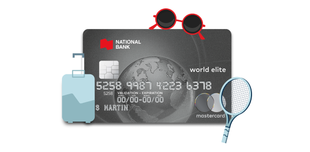 Photo of the World Elite Mastercard credit card with illustrations of luggage, a tennis racquet, and glasses