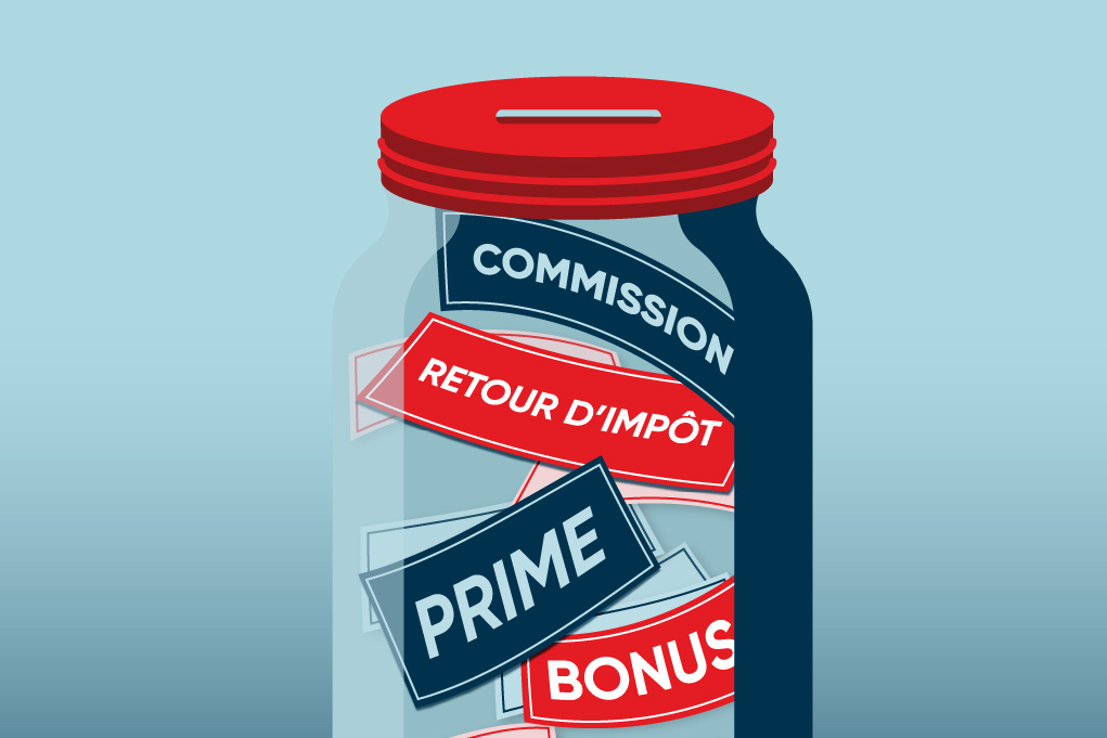 Illustration of a jar with the words commission, tax return, bonus and prime inside. 