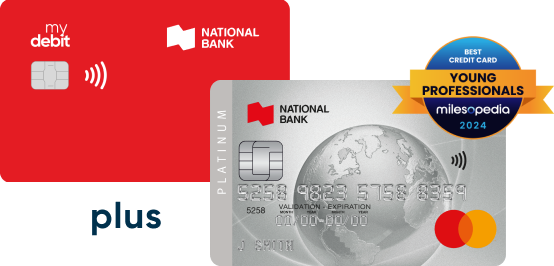 Photo of a National Bank debit card and Platinum Mastercard credit card 