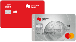 Photo of a National Bank debit card and the Platine Mastercard credit card